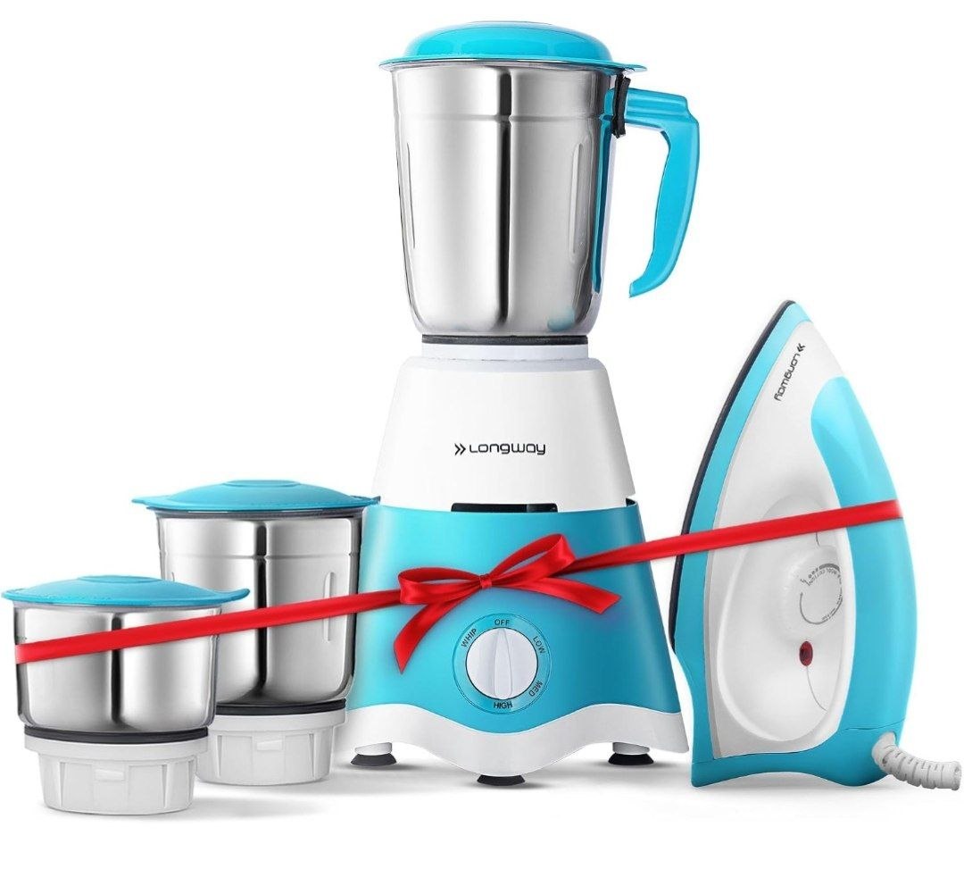 Longway Super Dlx Mixer Grinder with Kwid 1100W Dry Iron | 500 Watt Powerful Motor | 3 Jars for Grinding,